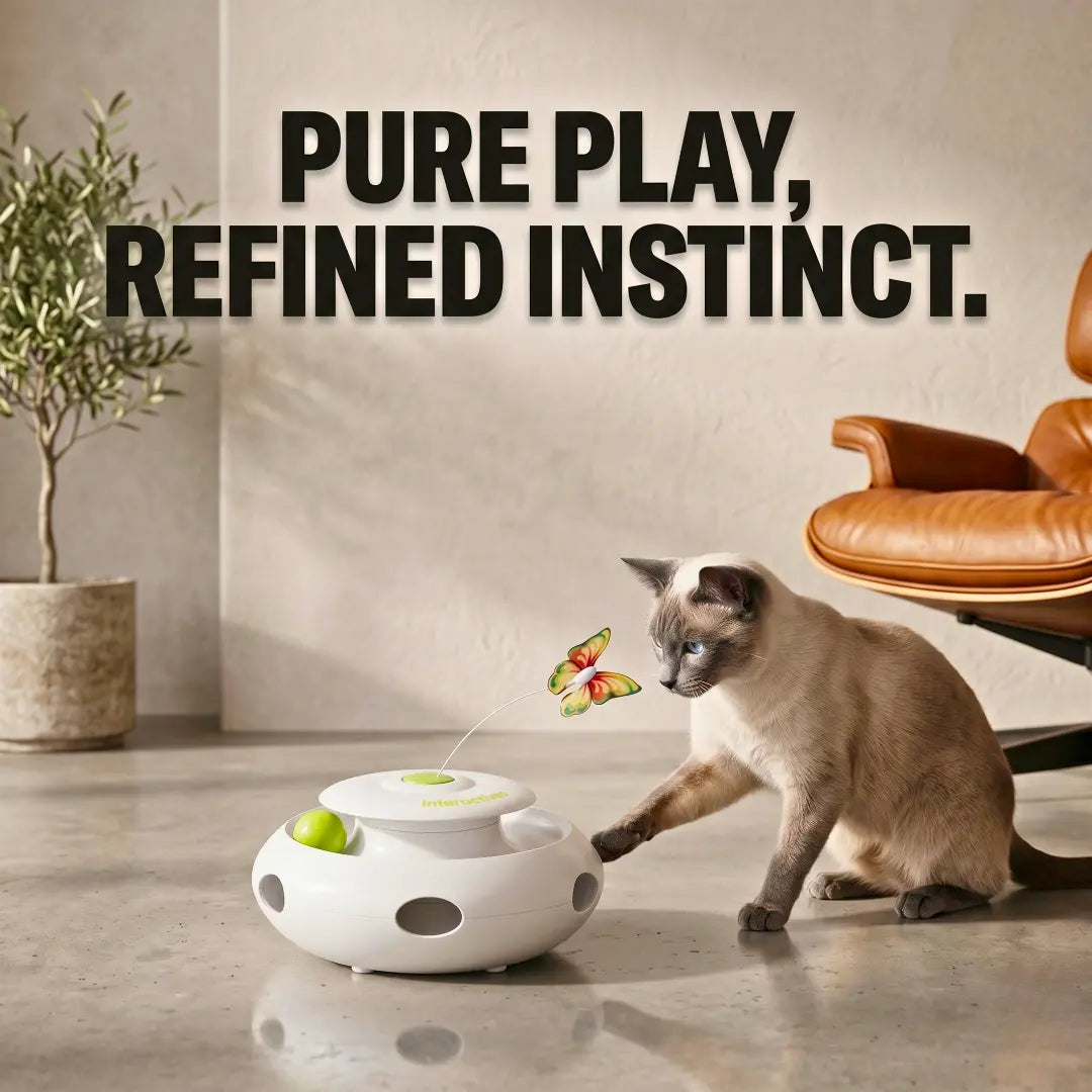Automatic 360 degree rotating butterfly teaser component of the FutureFeline interactive smart toy with a cat pouncing.