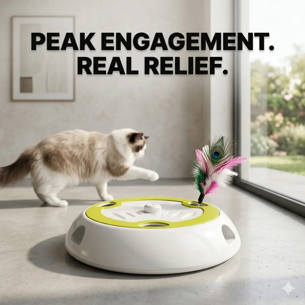 Fluffy cat playing with peacock feather attachment on a smart toy - Peak Engagement, Real Relief