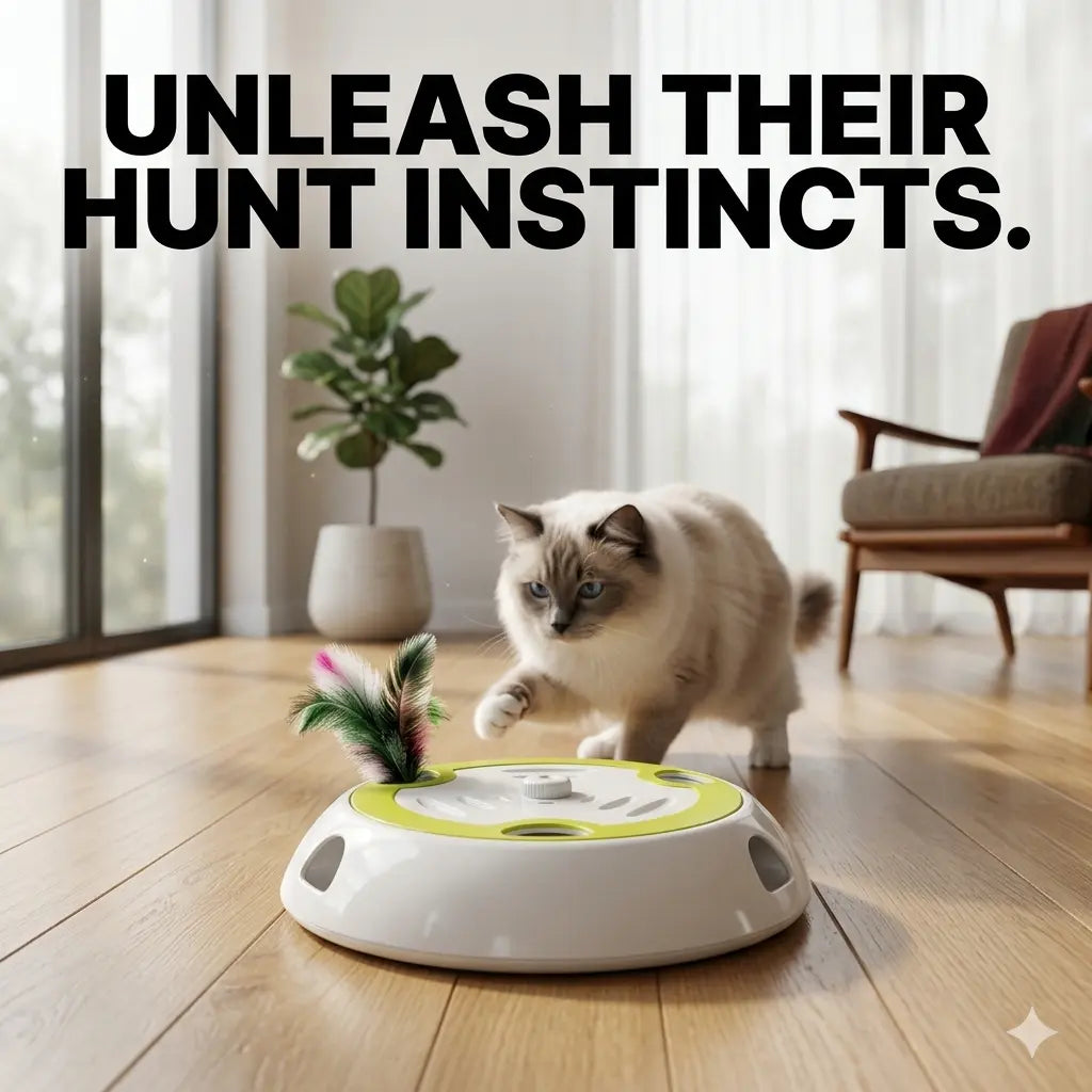 Active cat in hunting mode pouncing on an interactive feather teaser toy - Unleash Their Hunt Instincts