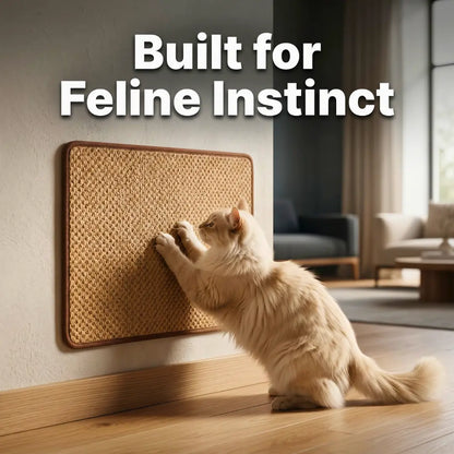 A long-haired cream cat standing on hind legs to scratch a rectangular brown-trimmed sisal scratch pad mounted on a living room wall.