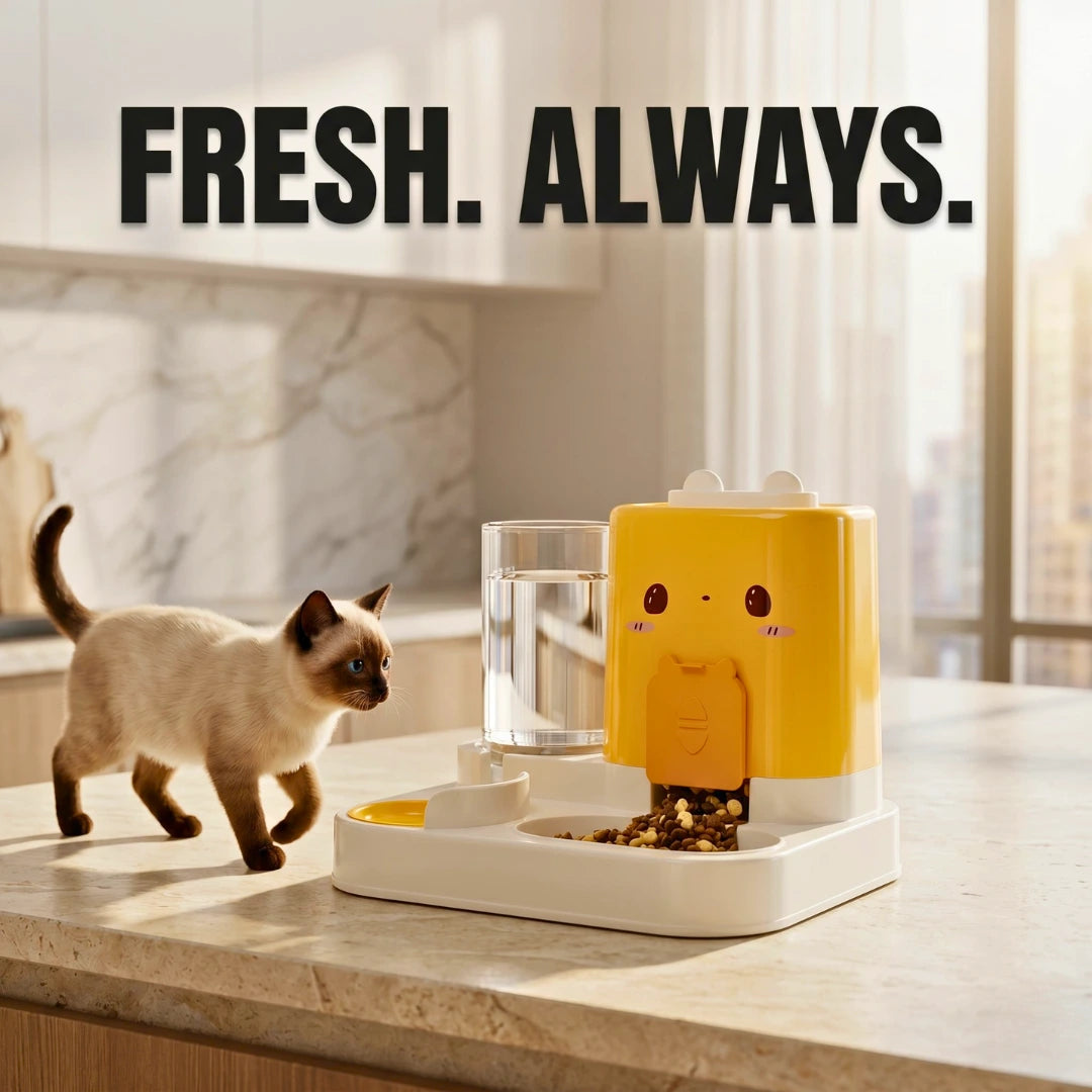 Yellow pet water fountain on a kitchen counter with a cat and text 'FRESH. ALWAYS.'