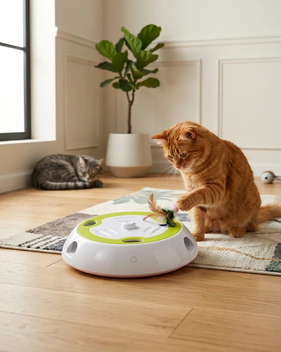 Cat interacting with a pet toy on a wooden floor.