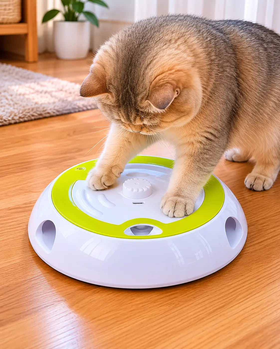 Cat playing with a green and white toy on a wooden floor.