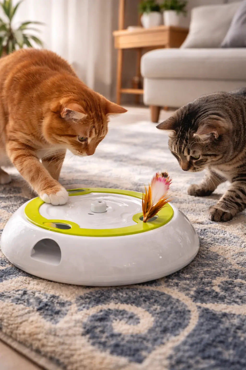 Two cats playing with a feather toy on a rotating platform in a living room.