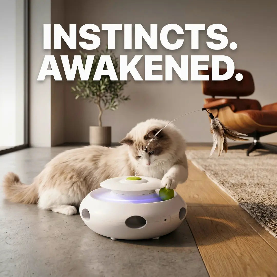 FutureFeline SmartChase interactive cat toy featuring a Siamese cat playing with a spinning butterfly on a wooden table.