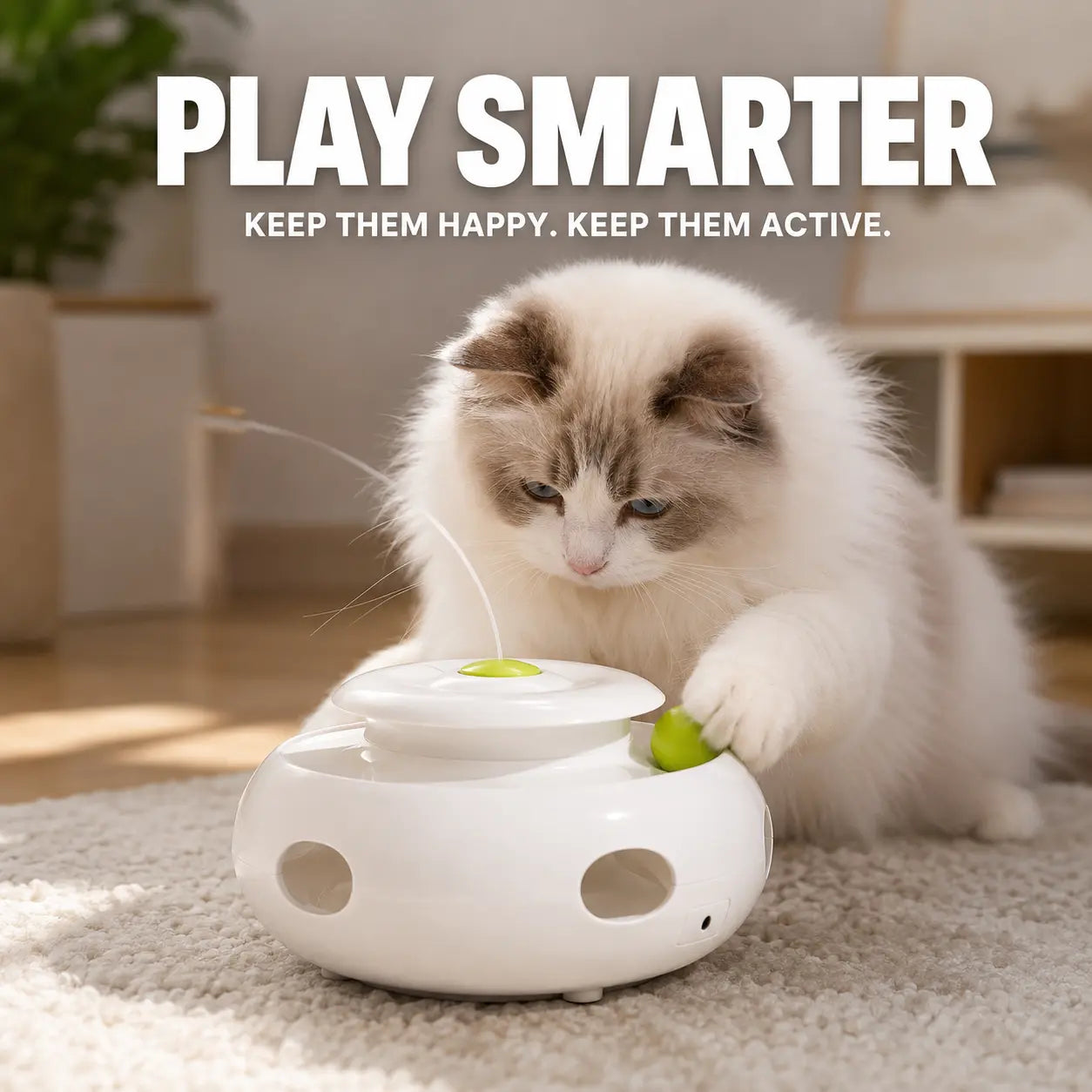 Infographic displaying features of FutureFeline SmartChase cat toy including silent play, hunting instincts, and mental stimulation.