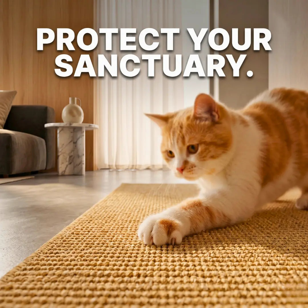 An orange and white cat stretching and scratching a durable woven sisal rug on a modern living room floor with text Protect Your Sanctuary.