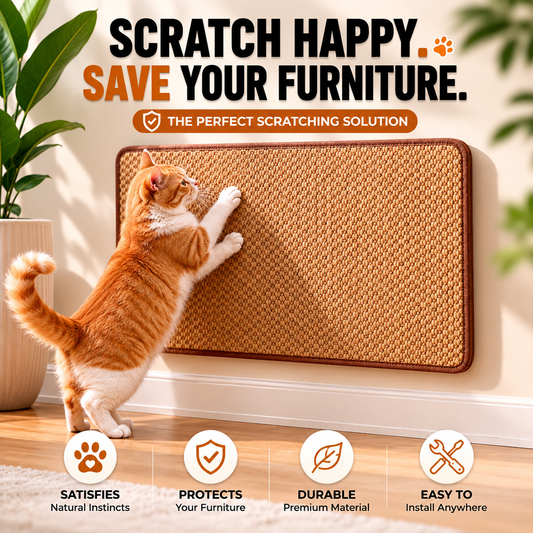 Ginger tabby cat using a horizontal wall-mounted cat scratching solution with icons for satisfying natural instincts, protecting furniture, and premium materials.