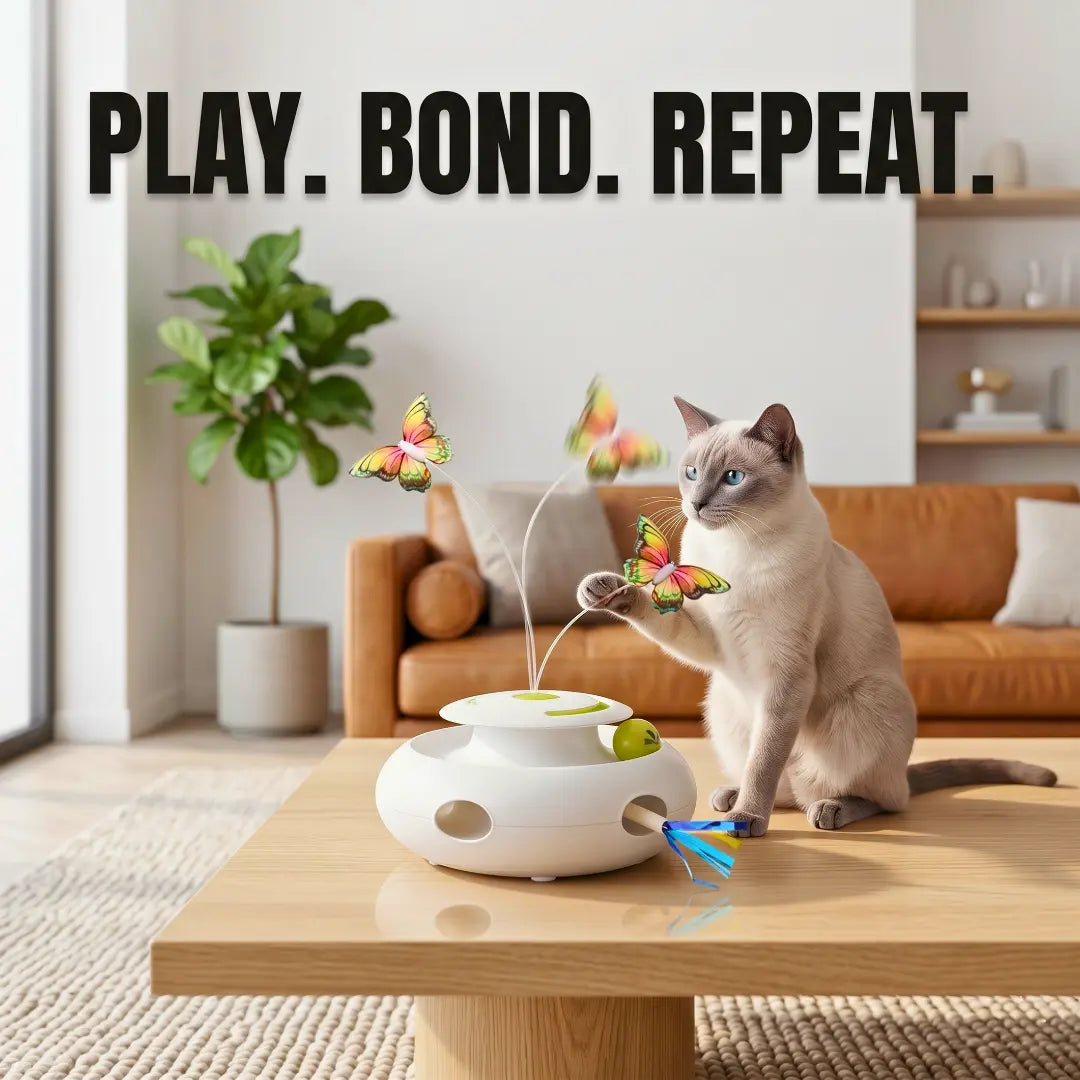 Siamese cat gently touching the FutureFeline smart pet toy under the text Pure Play Refined Instinct.