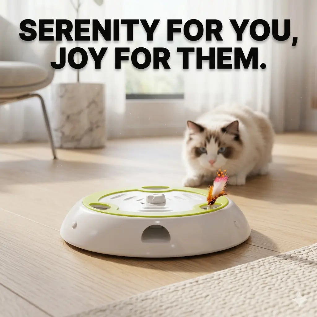 Smart automatic cat toy playing with a Ragdoll cat on the floor - Serenity for you, joy for them