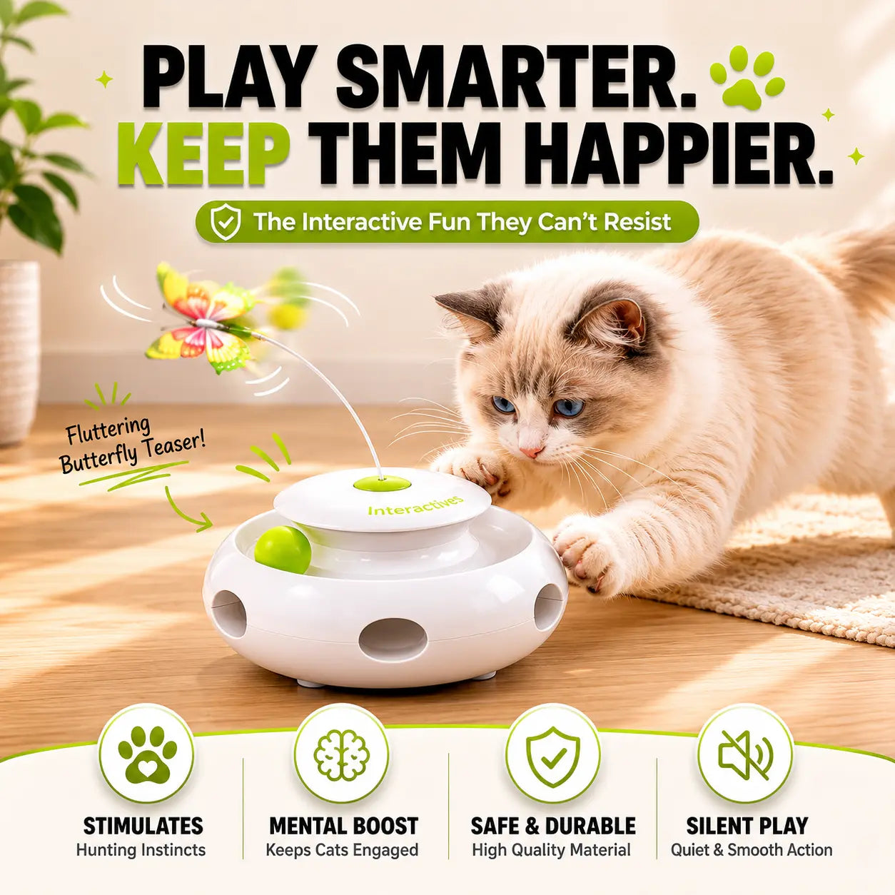 Electronic cat toy with flying butterfly placeholder placed on a cozy living room rug with a white cat interacting.