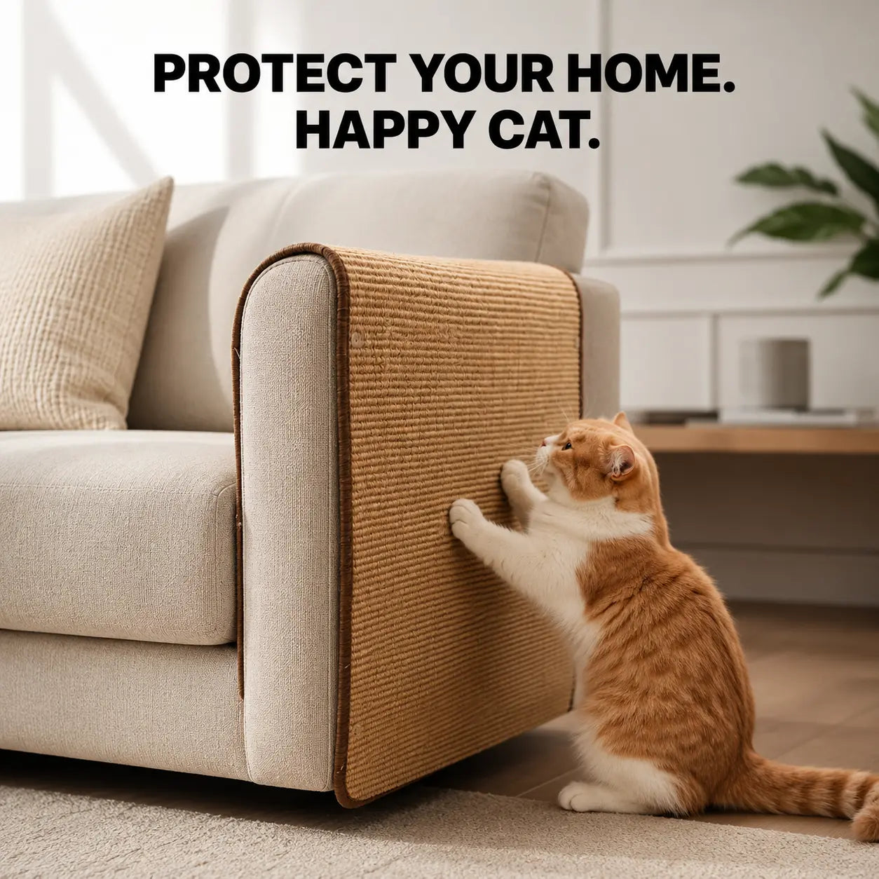 An orange and white cat sharpening claws on a custom-fit sisal couch scratch protector wrapped around a modern beige sofa armrest.