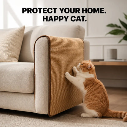An orange and white cat sharpening claws on a custom-fit sisal couch scratch protector wrapped around a modern beige sofa armrest.