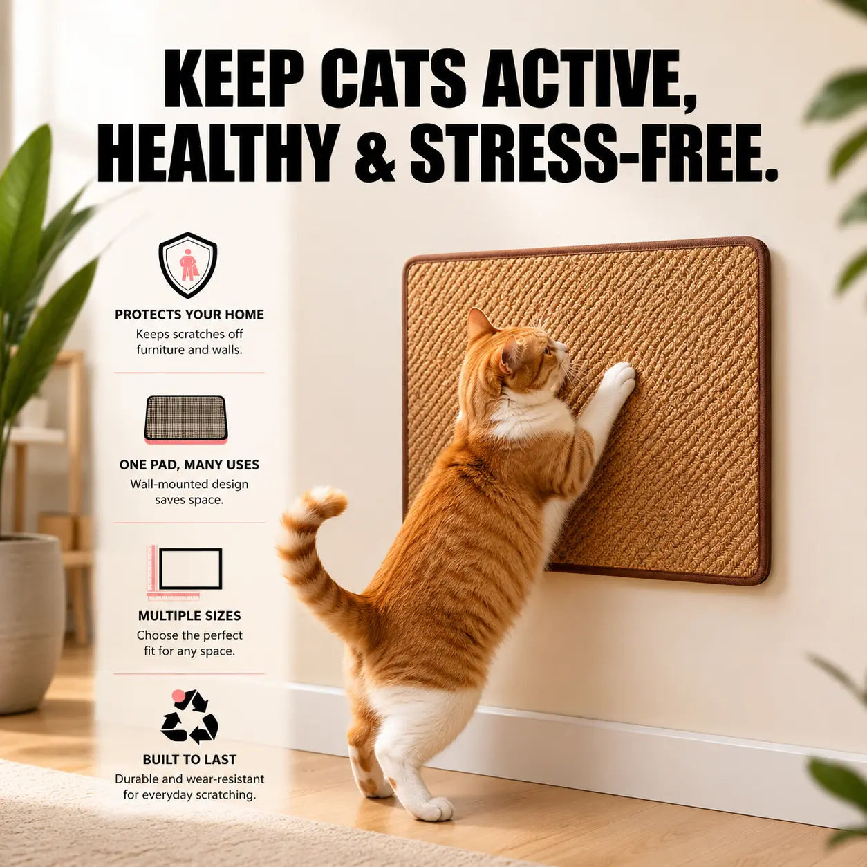 Orange tabbed cat scratching a wall-mounted sisal scratcher mat showcasing product benefits like home protection, space saving, multiple sizes, and durability.