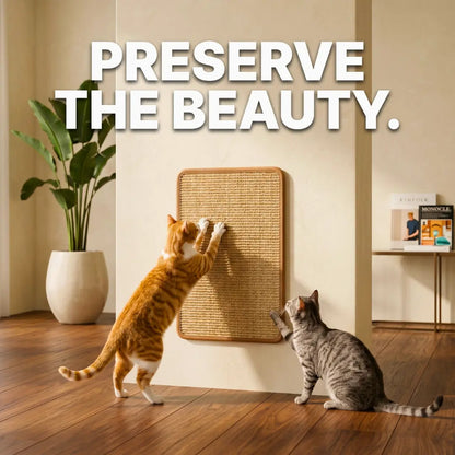 Two cats, one ginger tabby and one grey tabby, scratching a wall-mounted cat scratch protector mat on a pillar with text Preserve The Beauty.