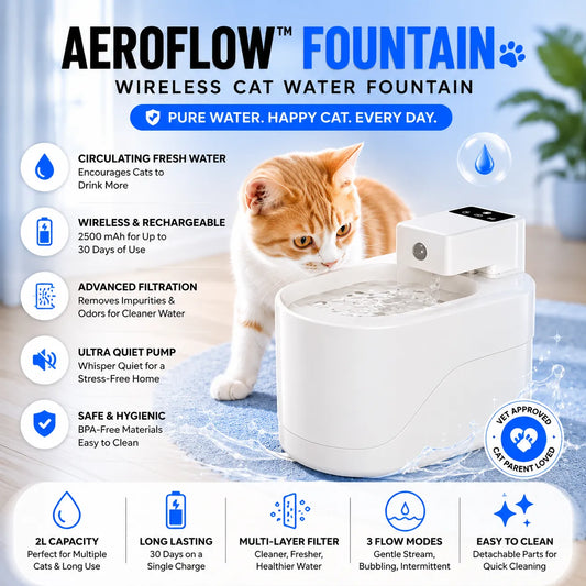 Aeroflow wireless cat water fountain with a cat drinking from it, surrounded by features listed on the screen.