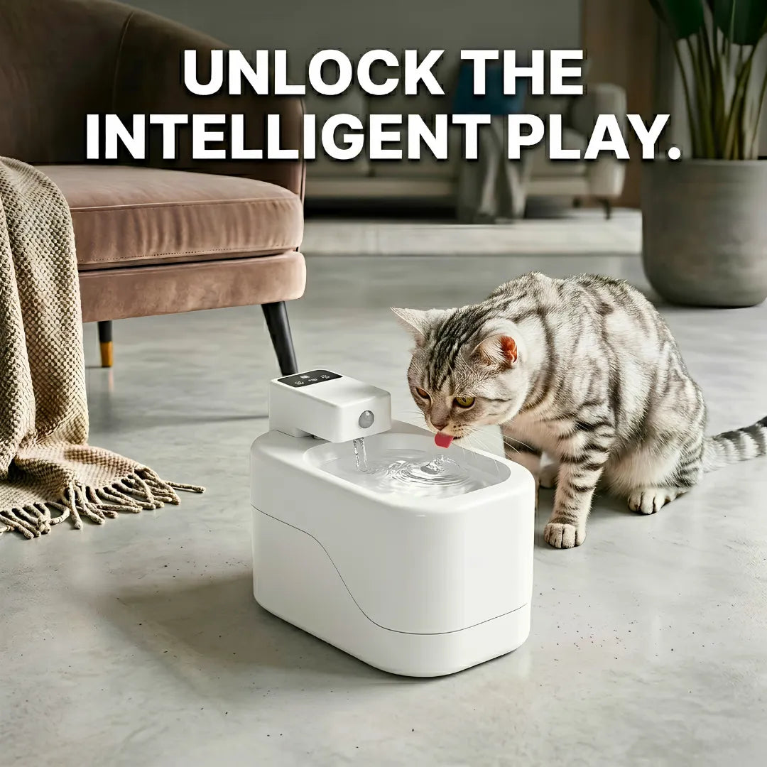 Cat drinking from a white pet fountain in a living room setting with text 'Unlock the Intelligent Play'.