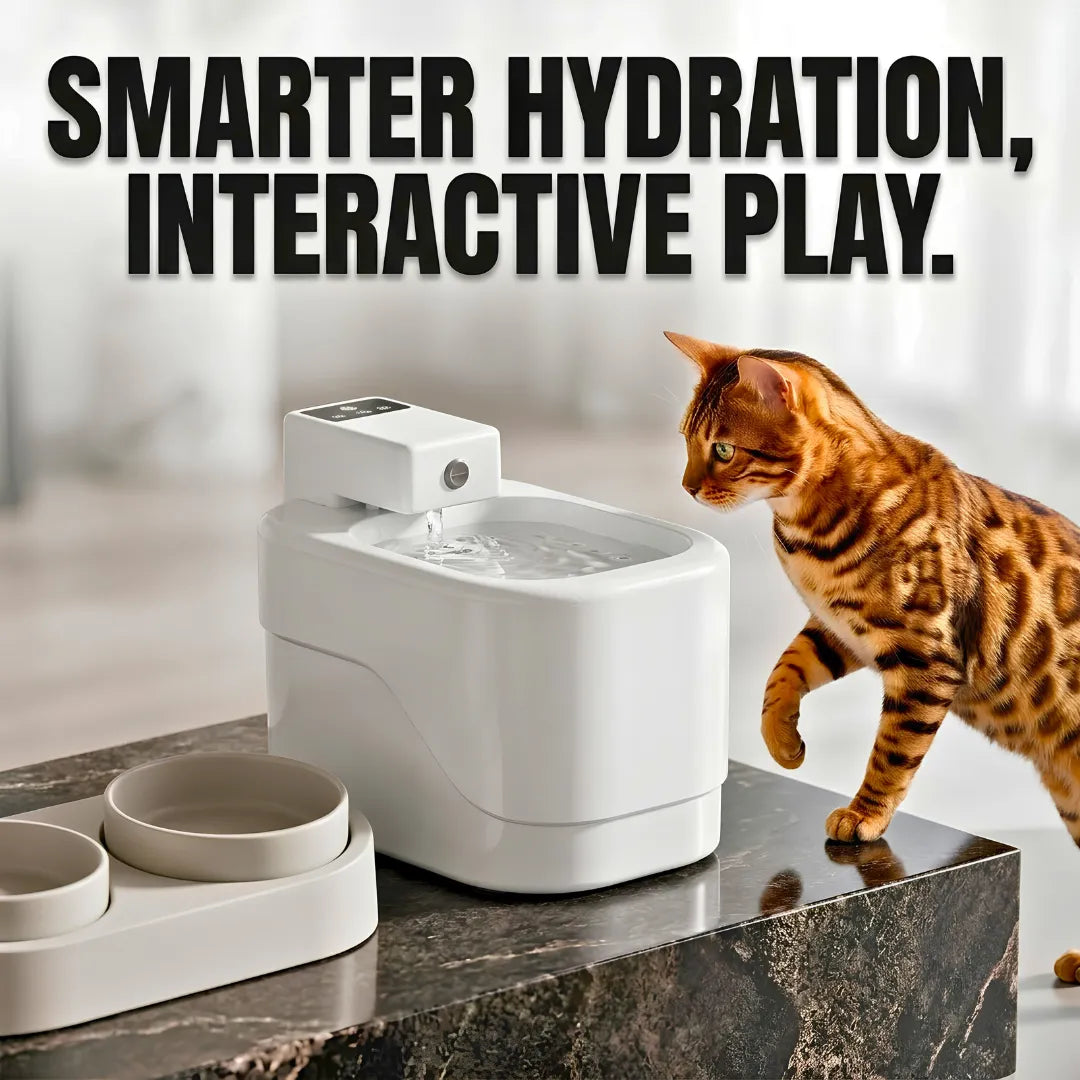 Cat interacting with a pet fountain on a marble surface, with text 'Smarter Hydration, Interactive Play' above.