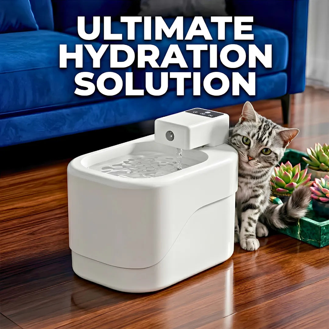 Pet water fountain with a cat next to it on a wooden floor, text 'Ultimate Hydration Solution' above.