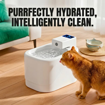 Cat drinking from a modern pet water fountain with text 'Purrfectly Hydrated, Intelligently Clean' in a home setting.