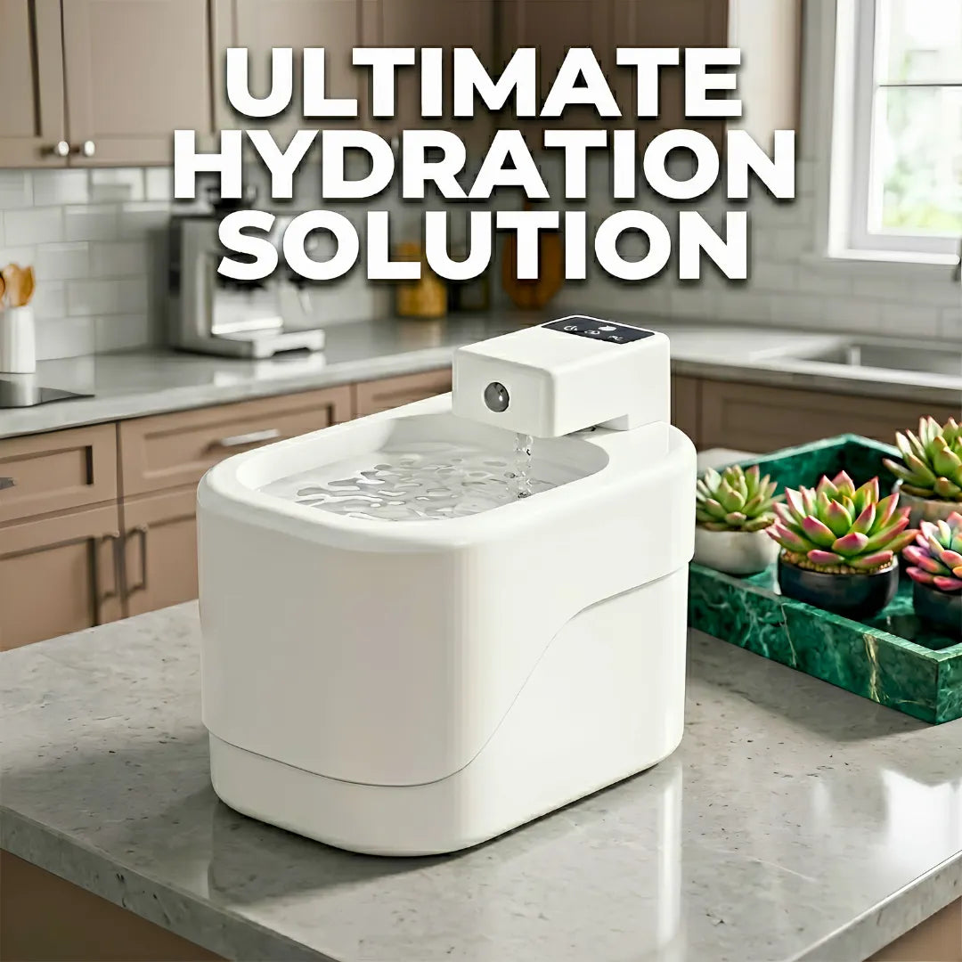 White pet water fountain on a kitchen counter with text 'Ultimate Hydration Solution'.