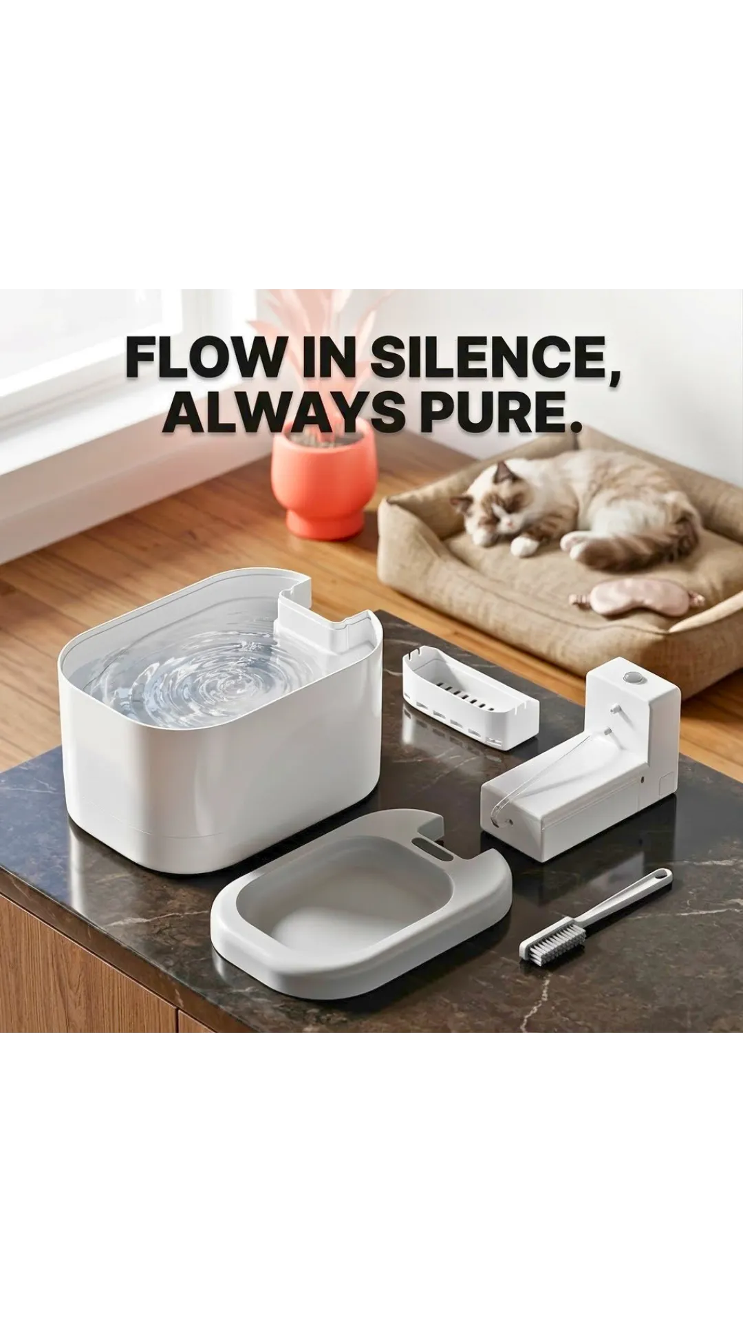 Pet water fountain with accessories on a countertop, cat in the background.