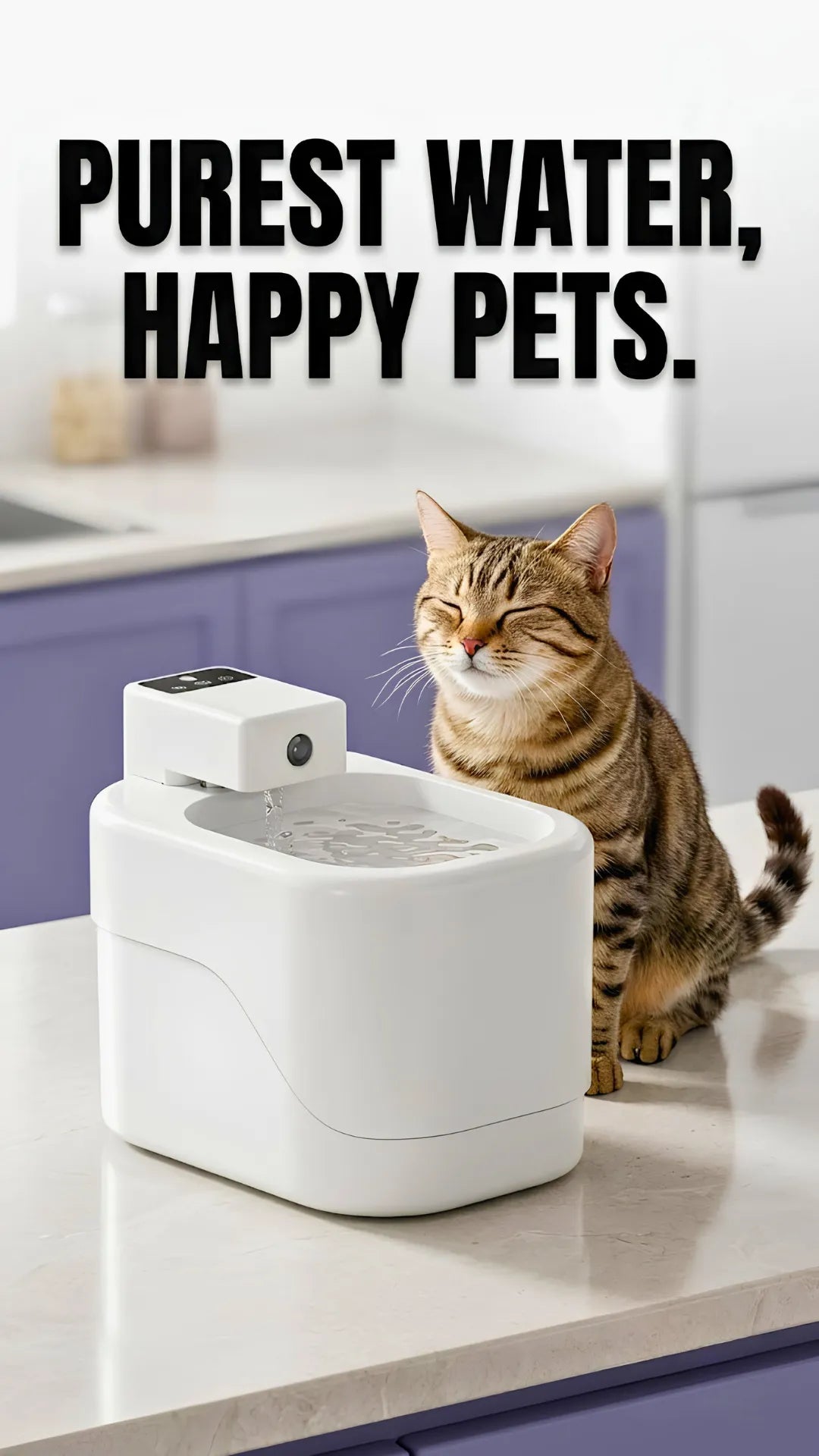 Cat sitting next to a white pet water fountain with 'PUREST WATER, HAPPY PETS.' text above.